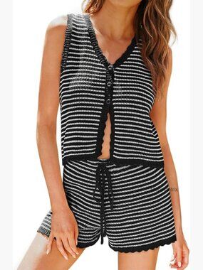 Women's 2 Piece Shorts Set Striped Button Down Vest Tops Matching Set